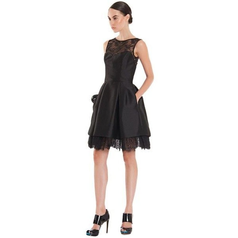 Theia / black satin pleated lace insert structured  Flare Cocktail Dress lbd 4